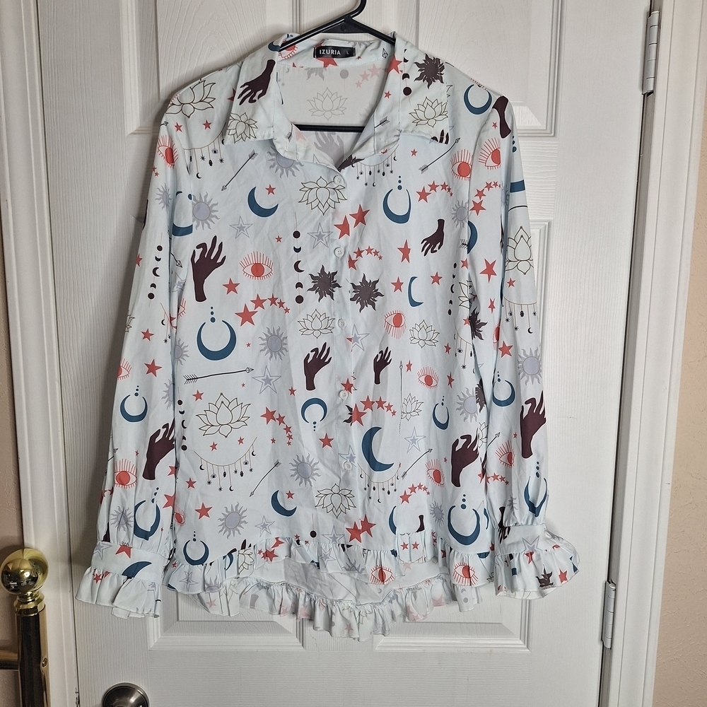 Izuria White Patterned Blouse Size Large